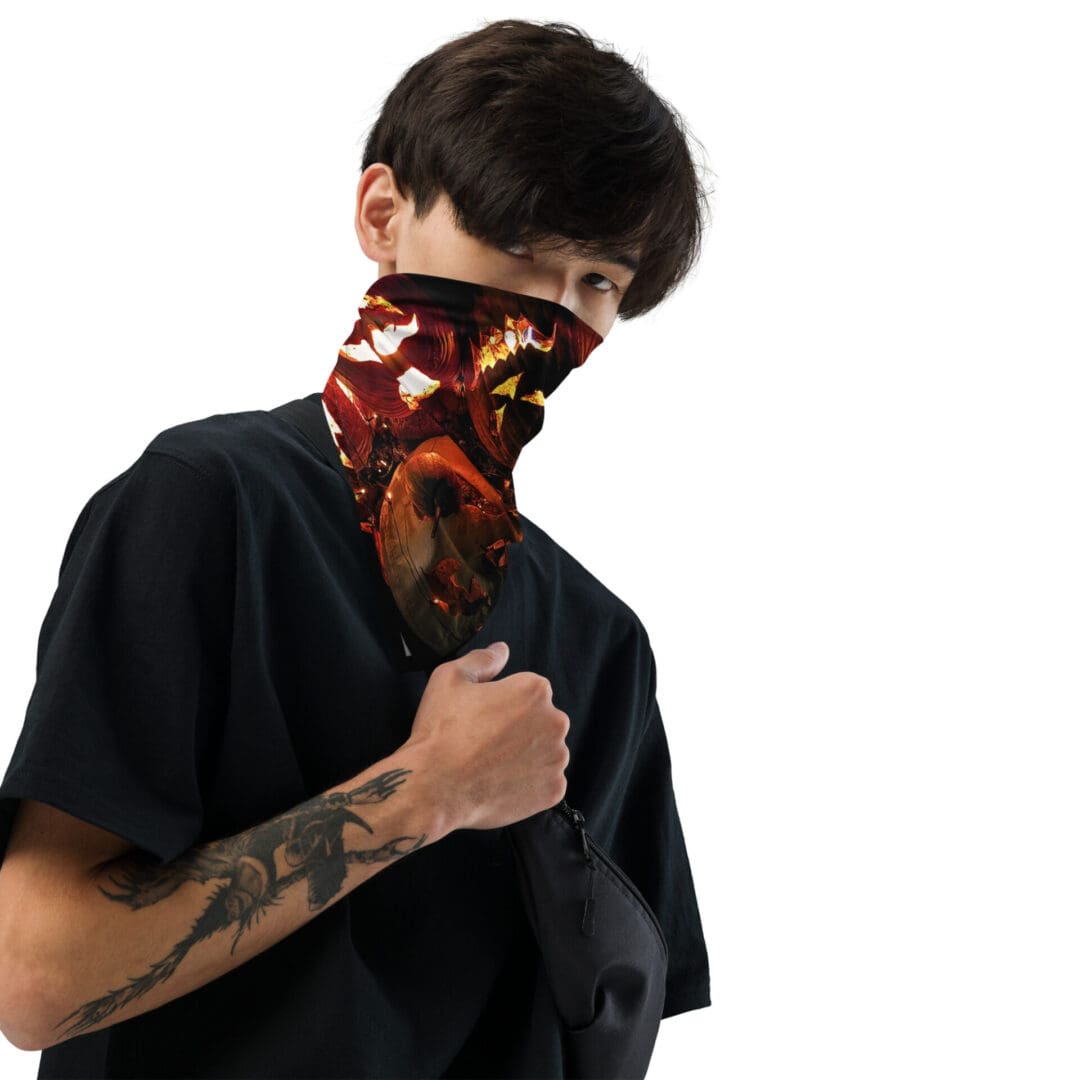 Person wearing a decorative face covering.