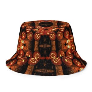 Bucket hat with jack-o'-lantern pattern design.