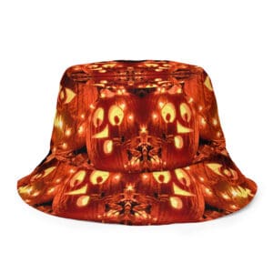 Jack-o'-lantern pattern on bucket hat.
