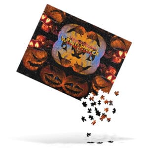Floating Halloween-themed jigsaw puzzle pieces.