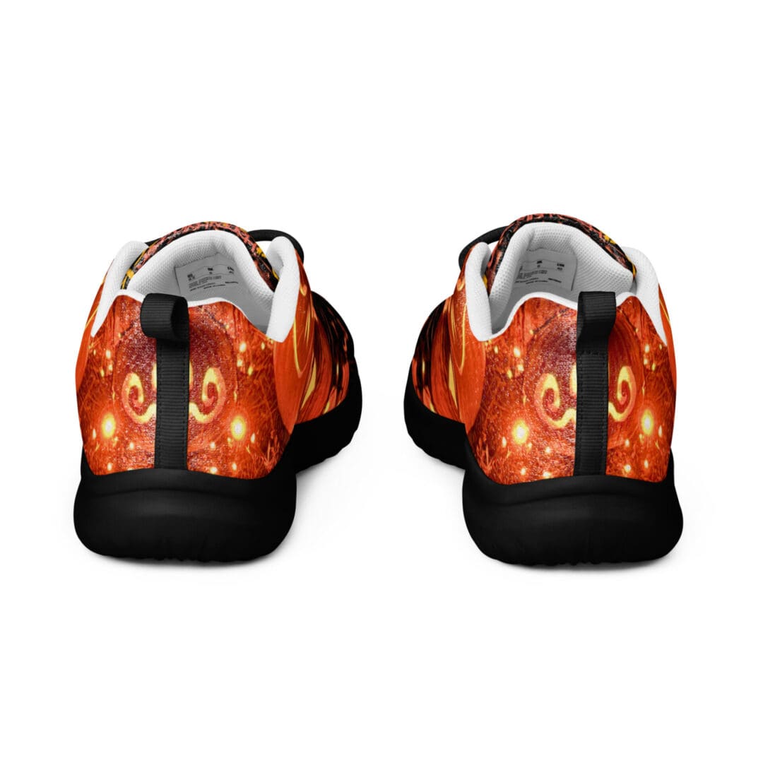 Orange patterned sneakers, viewed from rear.