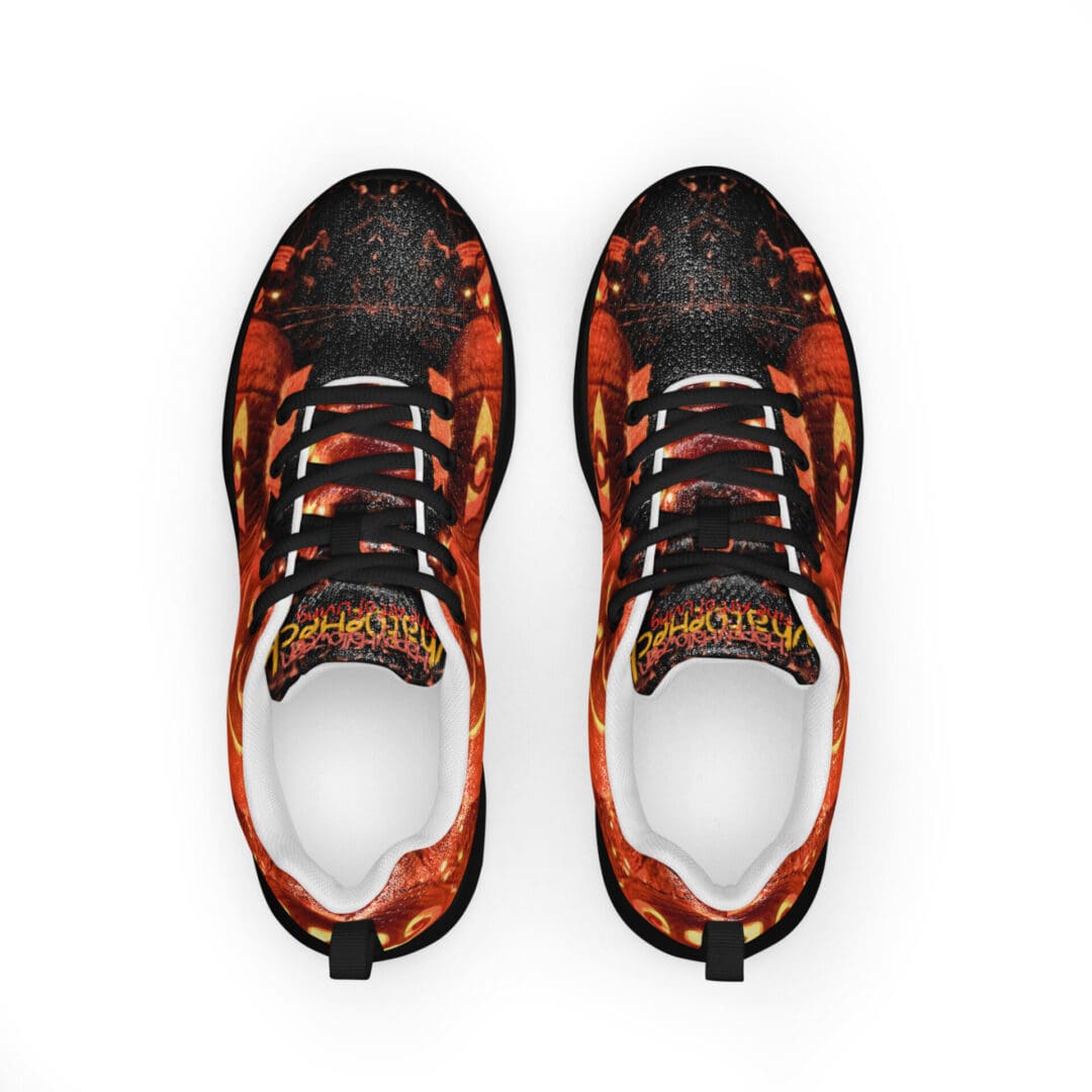 Red and black patterned athletic shoes.