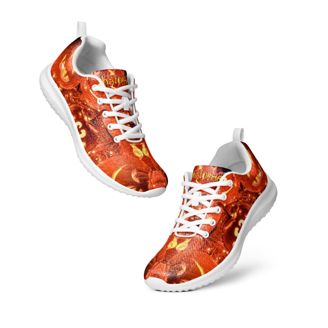 Orange patterned sneakers with white soles.
