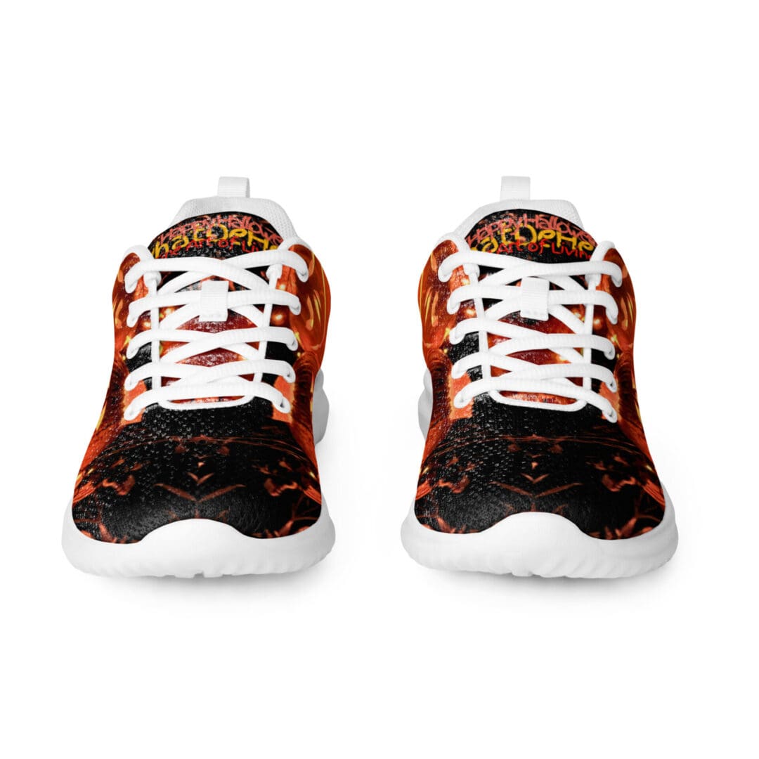 Colorful sneakers with white laces, front view.