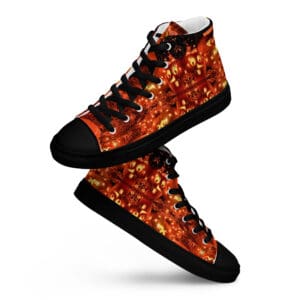 Abstract patterned high-top sneakers with black soles.