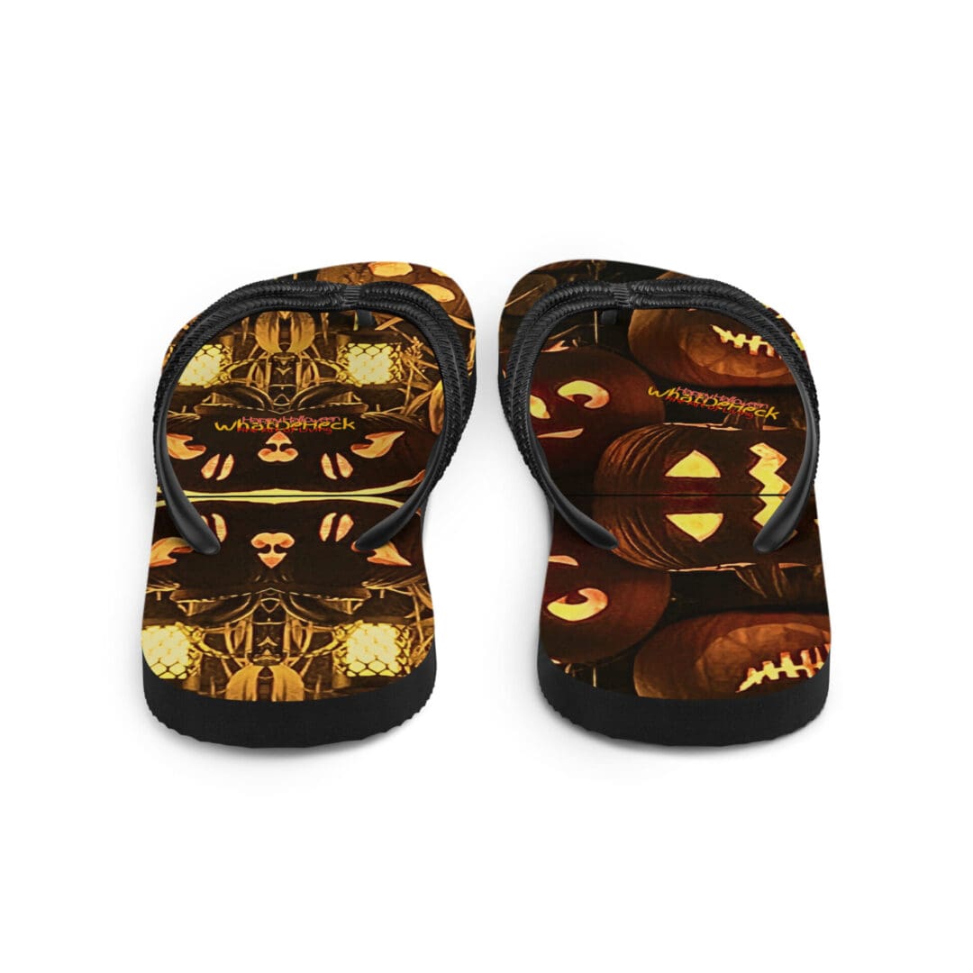 Halloween-themed flip-flops with pumpkin design.