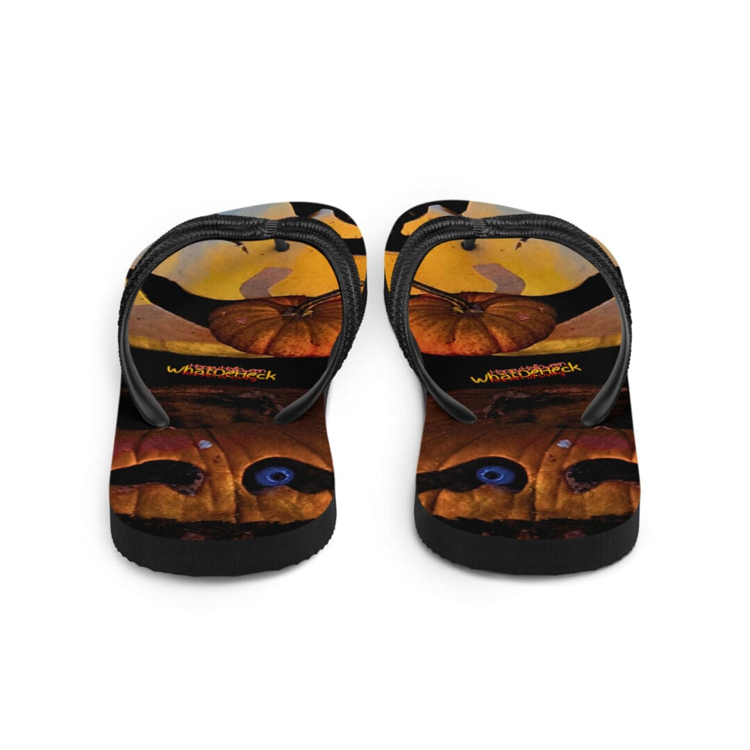 Halloween-themed flip flops with pumpkin design.