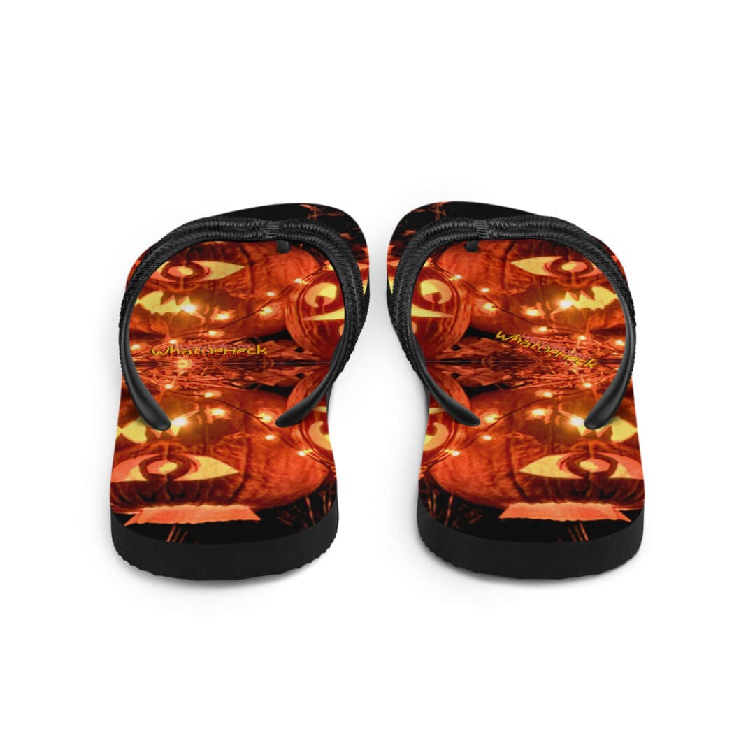 Halloween-themed jack-o'-lantern flip-flops.