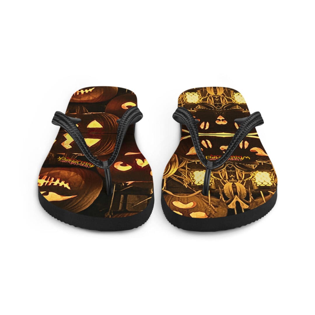 Halloween-themed flip-flops with pumpkin designs.