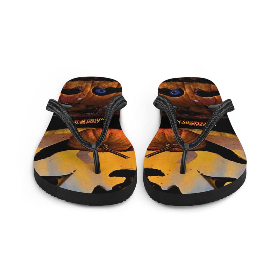 Flip-flops with colorful abstract design.
