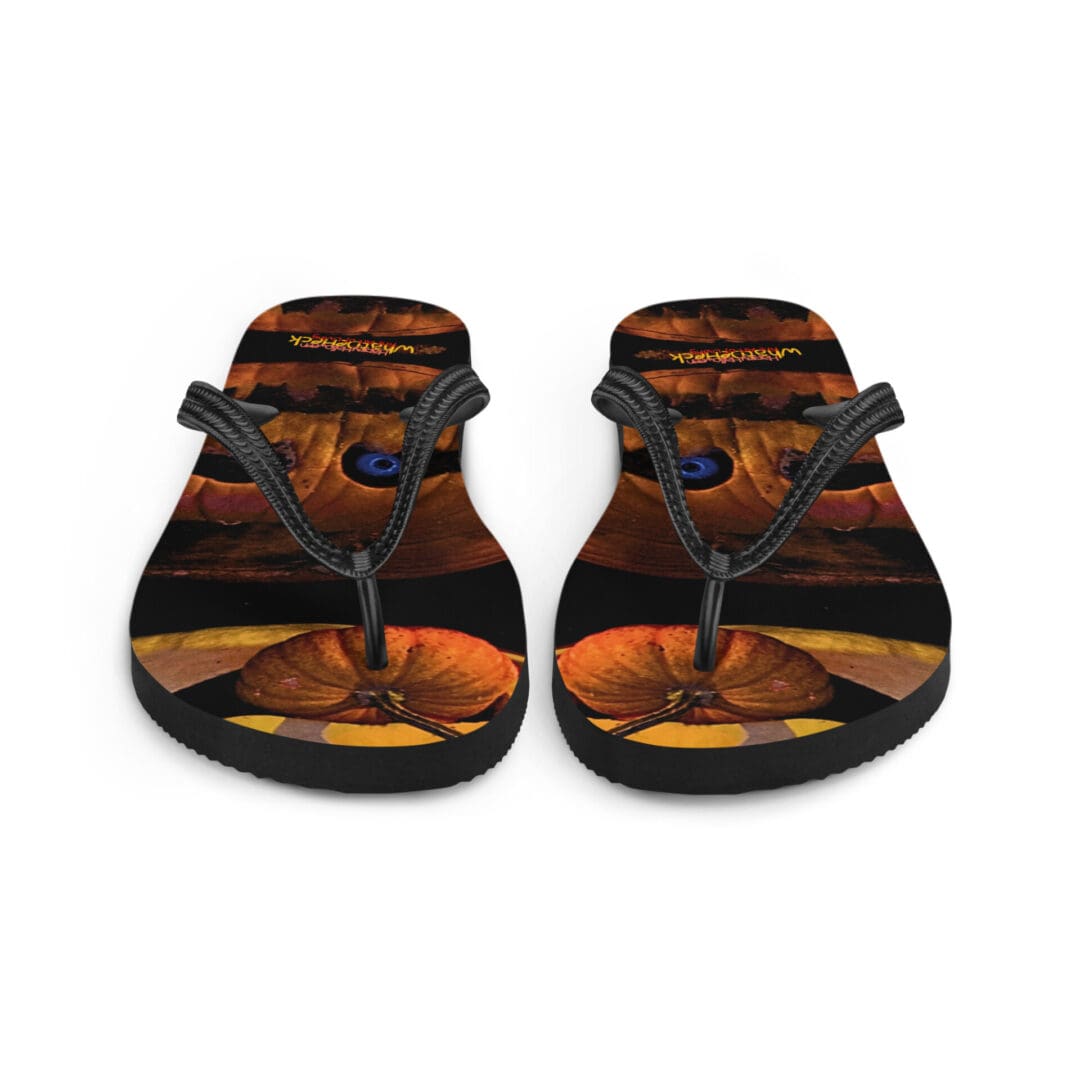 Flip-flops with artistic, colorful design.