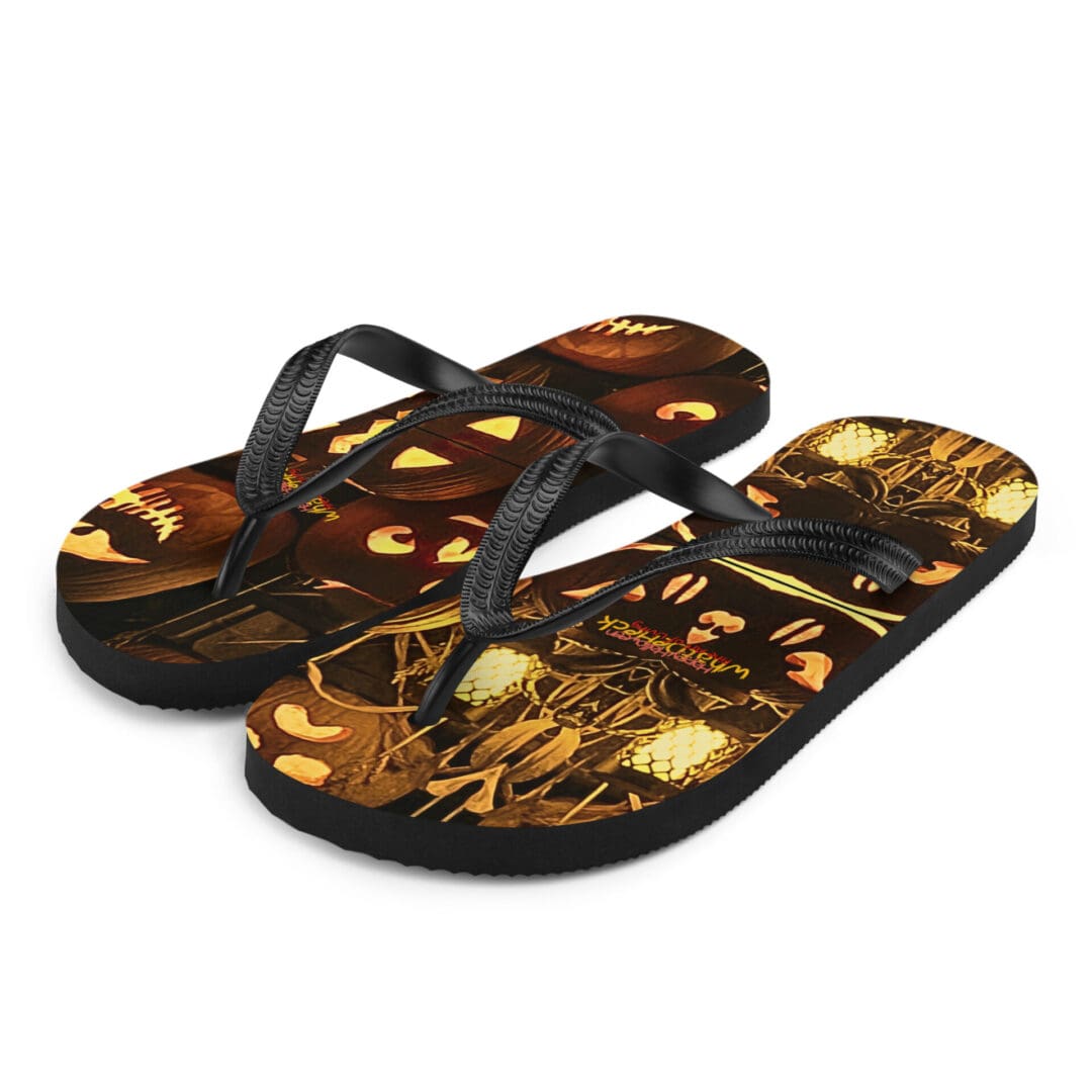Halloween-themed flip-flops with pumpkin design.