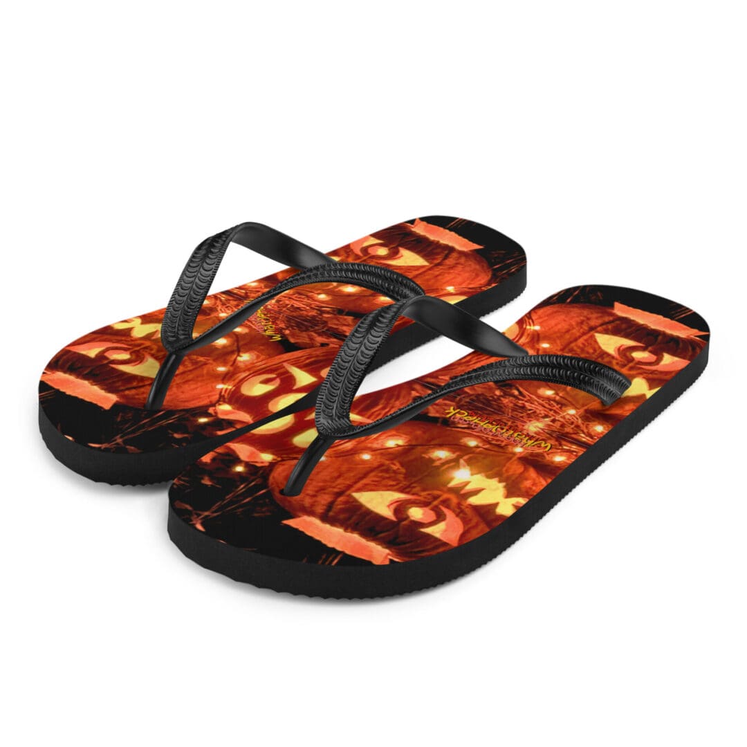 Colorful flip-flops with abstract design.