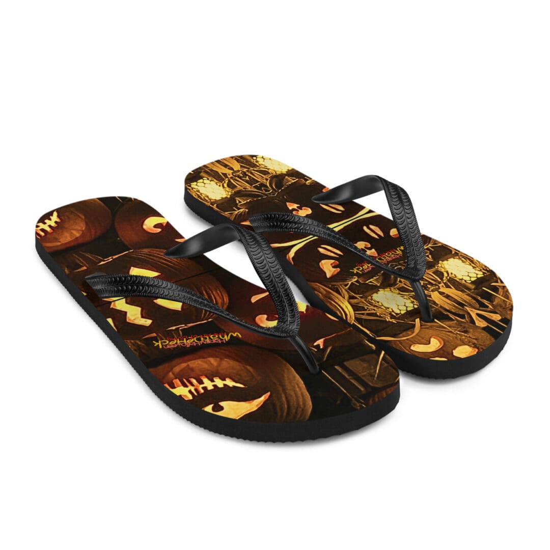 Halloween-themed flip-flops with pumpkin design.