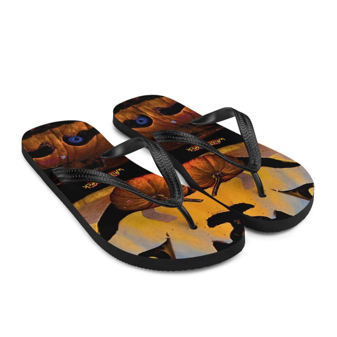 Flip-flops with colorful autumn leaf design.
