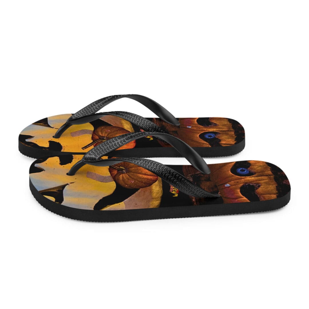 Halloween-themed flip-flops with pumpkin design.