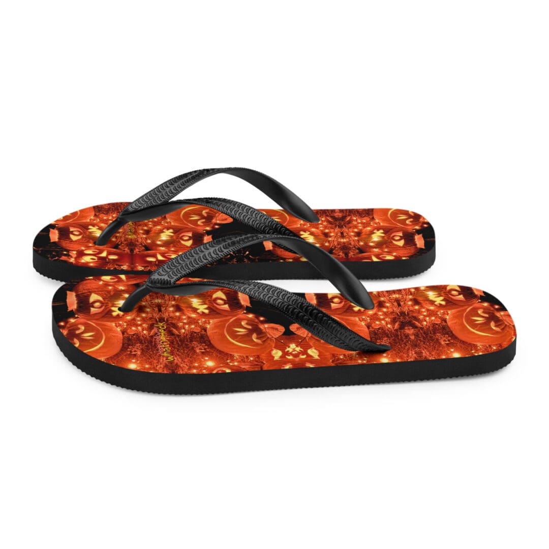 Halloween-themed flip flops with jack-o'-lantern design.