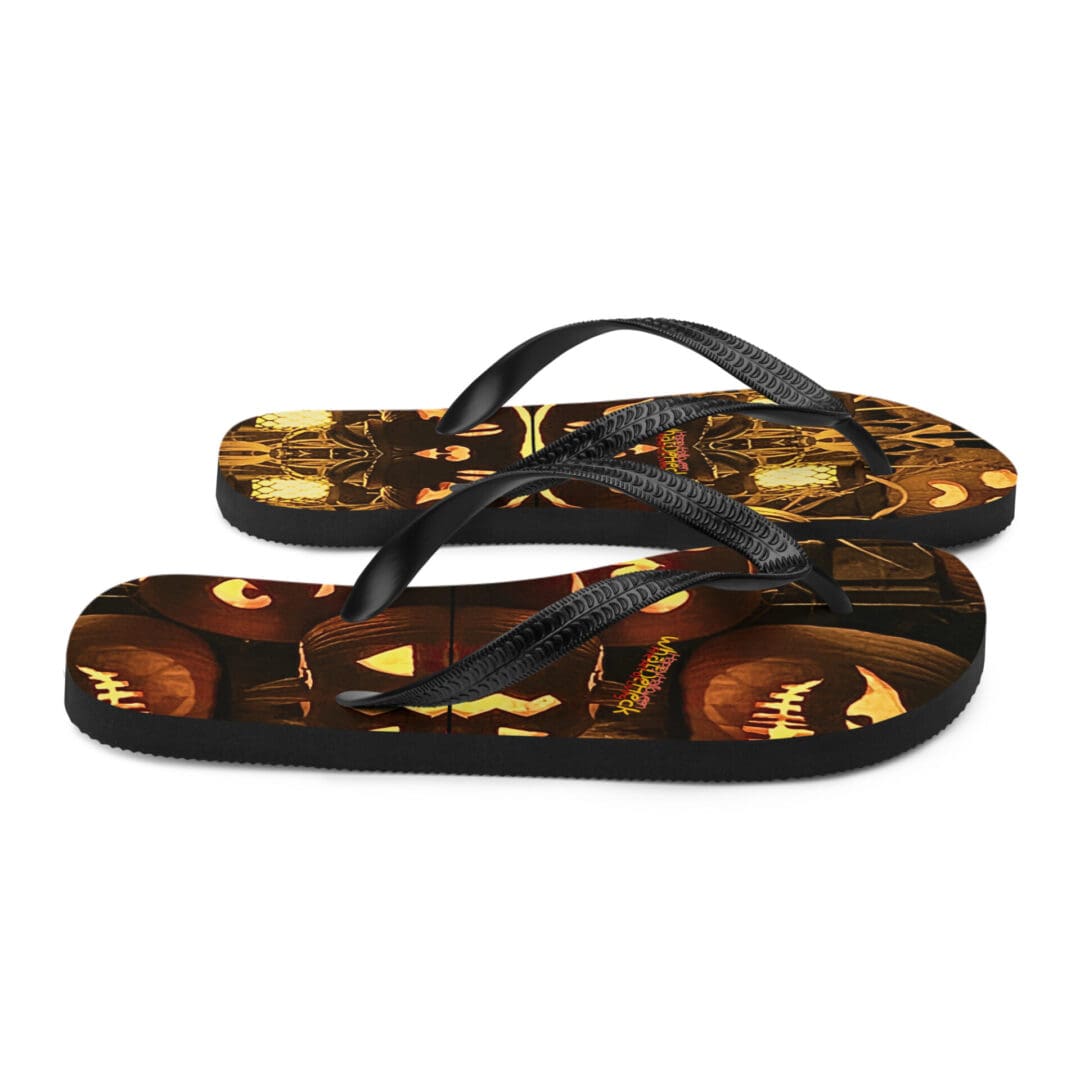 Halloween-themed flip-flops with jack-o'-lantern designs.