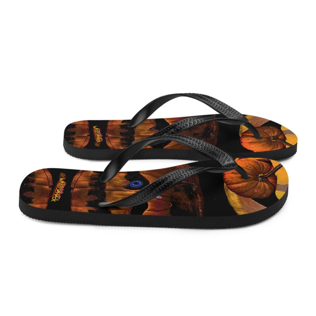 Halloween-themed flip flops with pumpkin design.