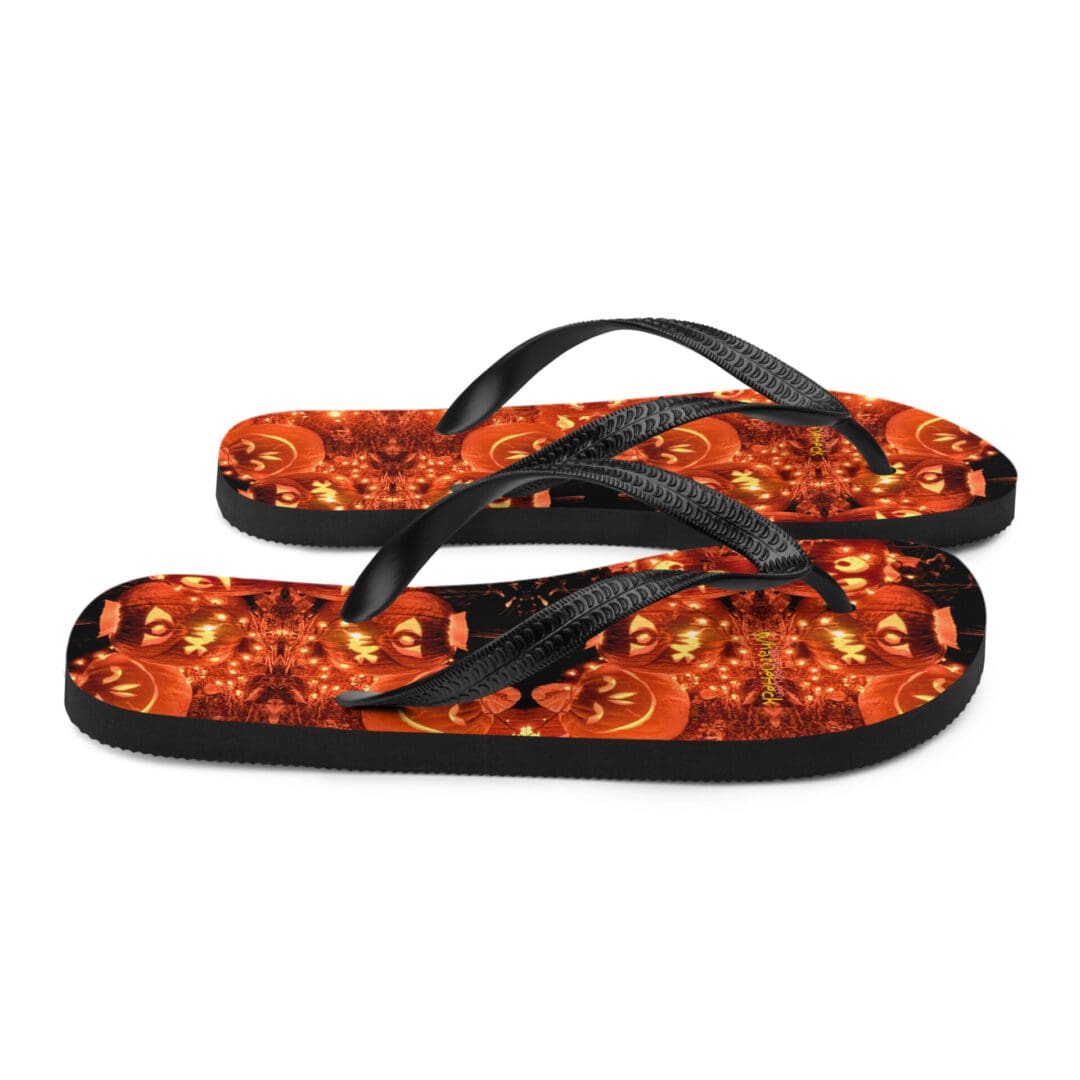 Halloween-themed flip-flops with pumpkin patterns.