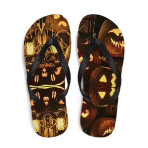 Halloween-themed flip-flops with pumpkin designs.