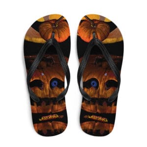 Halloween-themed flip-flops with pumpkin design.