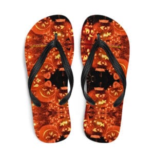Flip-flops with jack-o'-lantern pumpkin design.