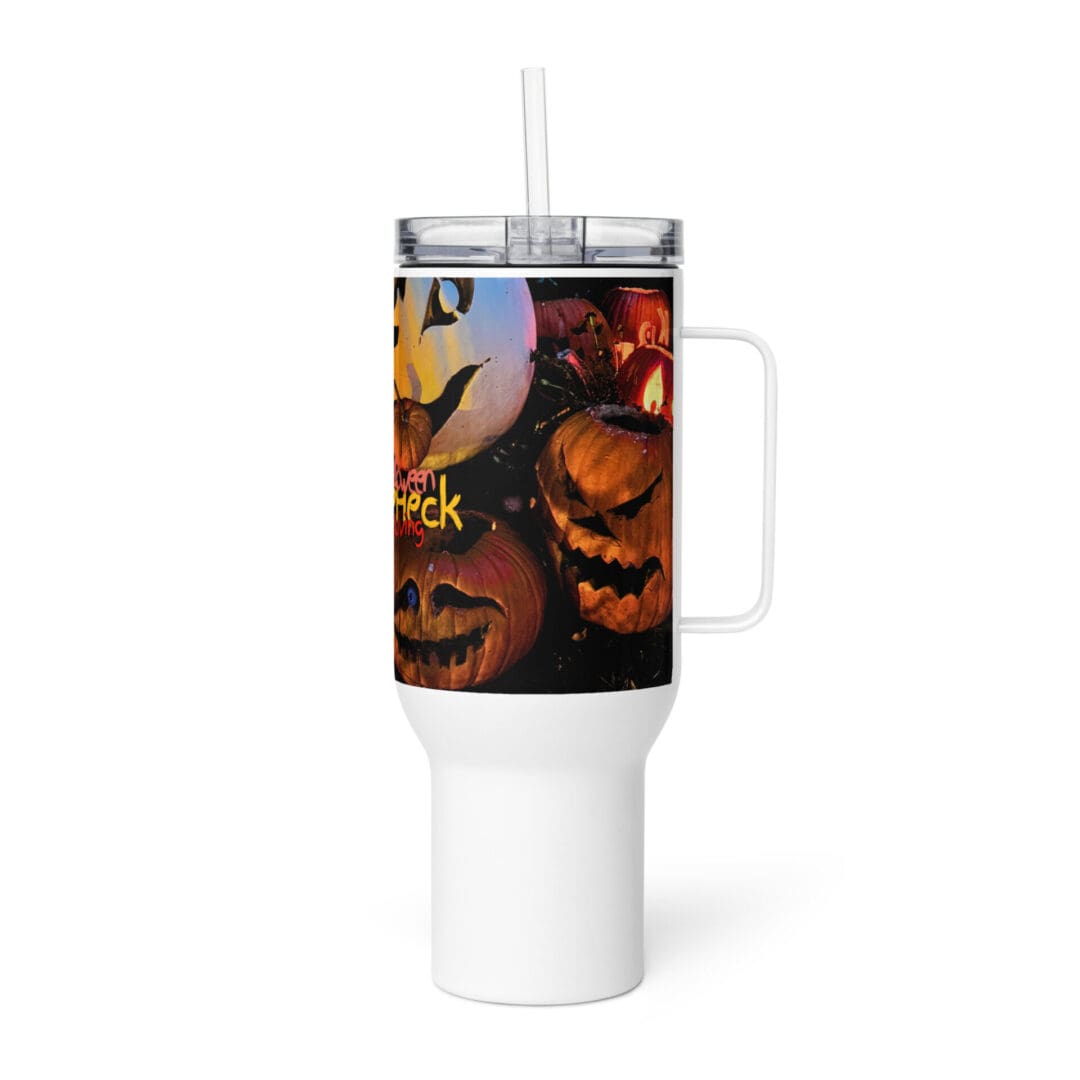 Halloween-themed tumbler with carved pumpkins design.