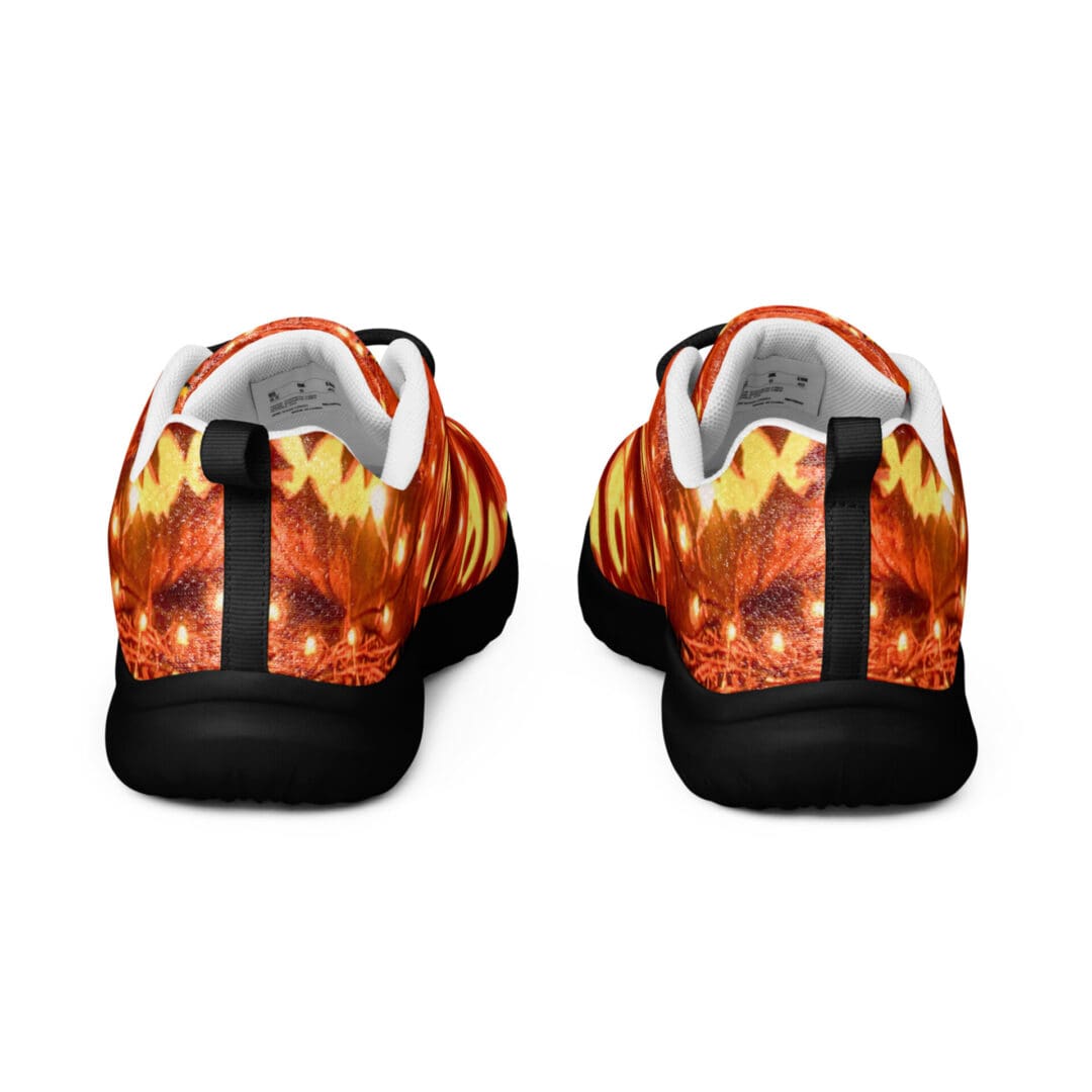 Back view of fiery patterned sneakers.