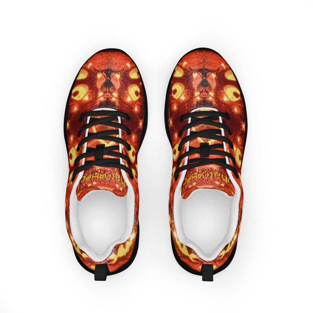 Red and orange patterned athletic shoes.