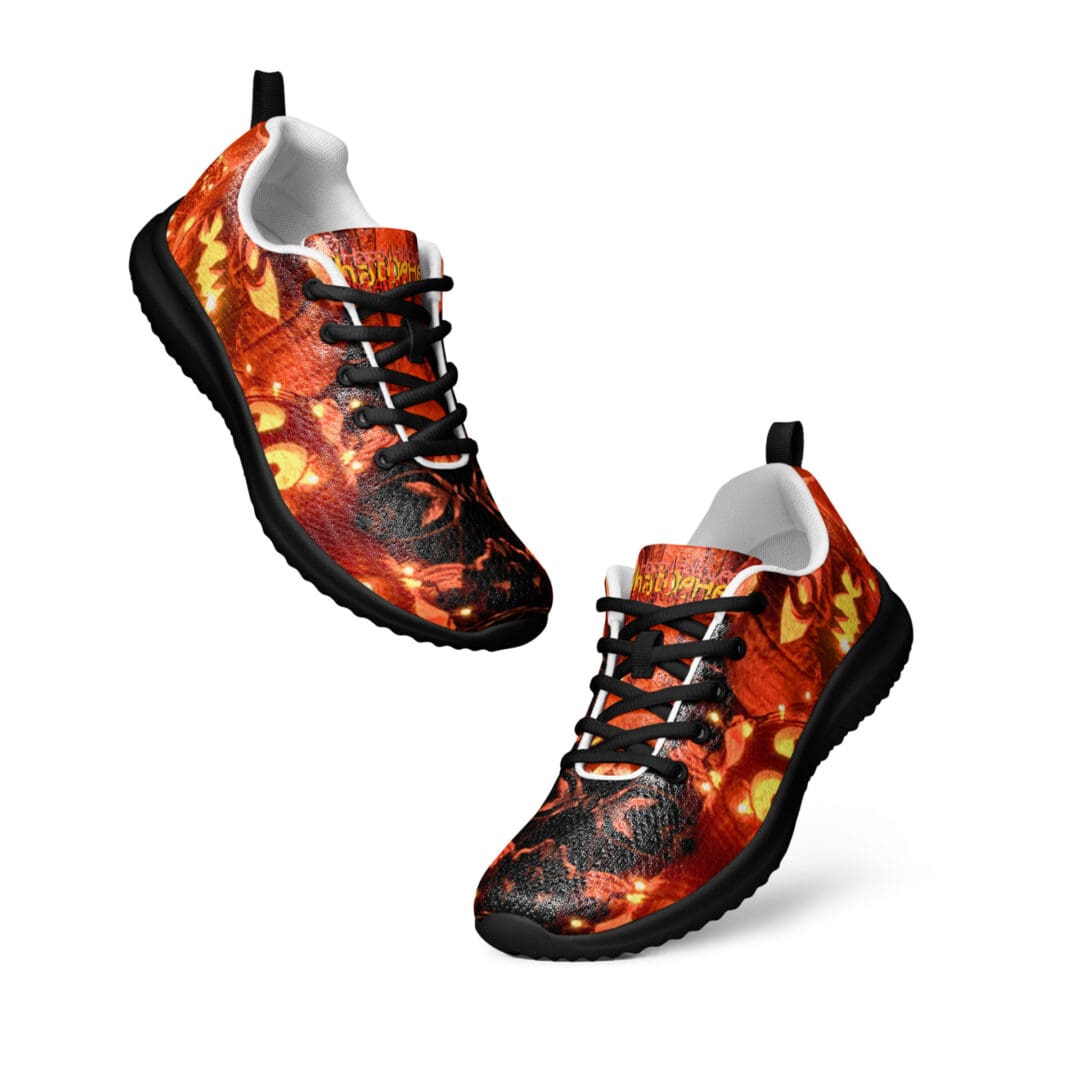 Colorful floral-patterned sneakers on white background.