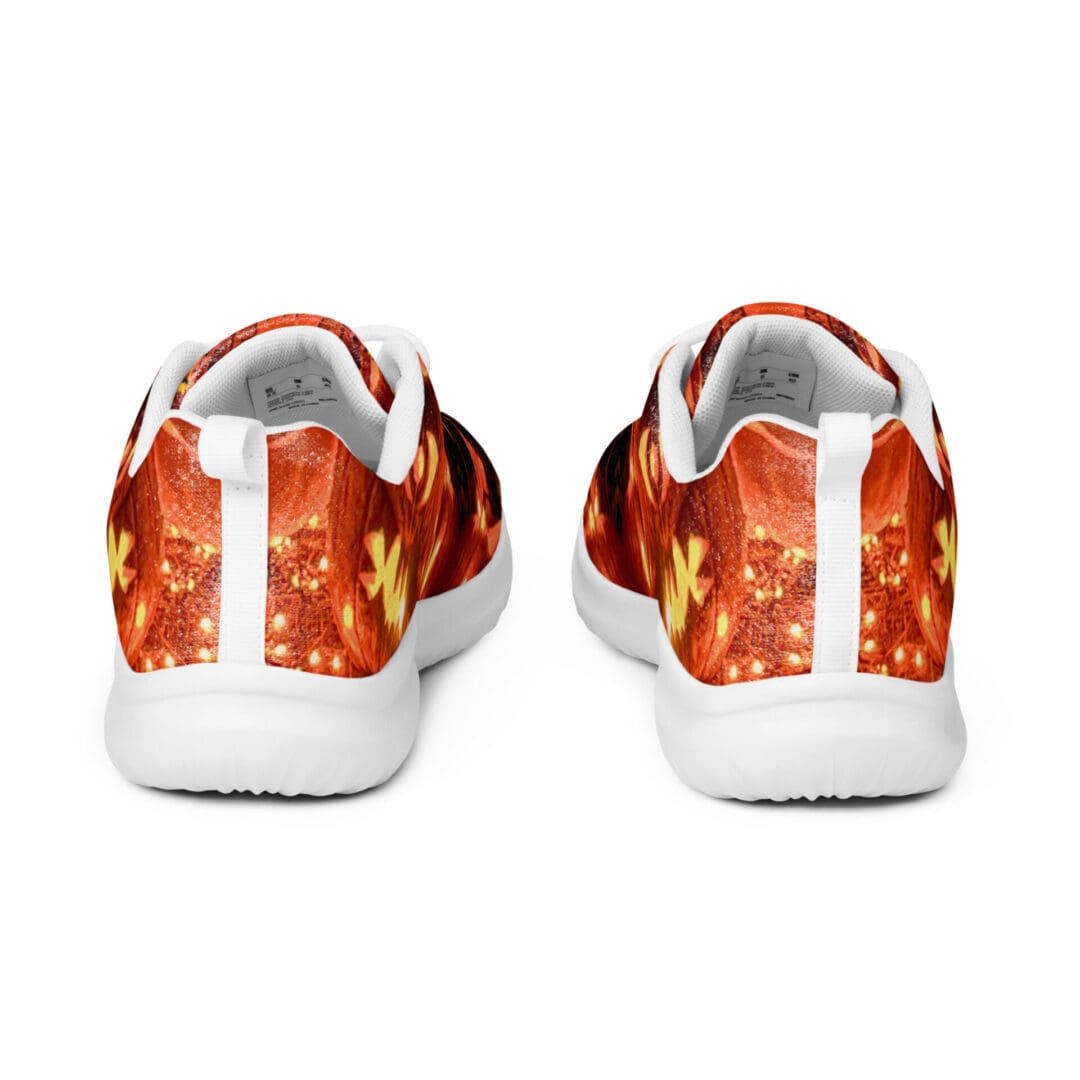 Sneakers with vibrant, fiery orange design.