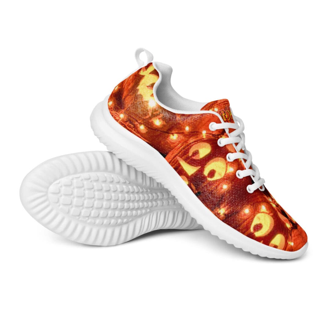 Halloween-themed sneakers with pumpkin design.