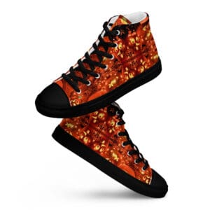 Orange patterned high-top sneakers on display.